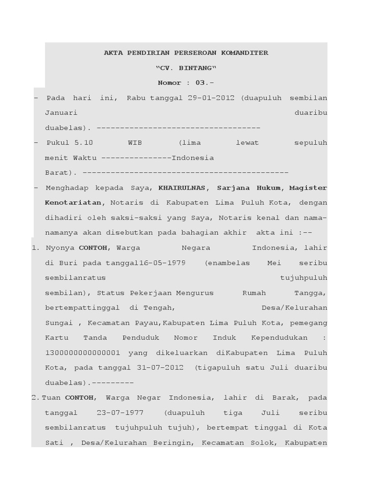 Contoh Akta Pendirian Cv Pdf Dunia Sekolah