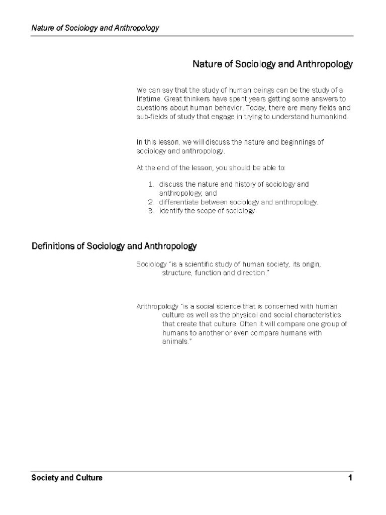 Week1 - Nature of Sociology and Anthropology | PDF