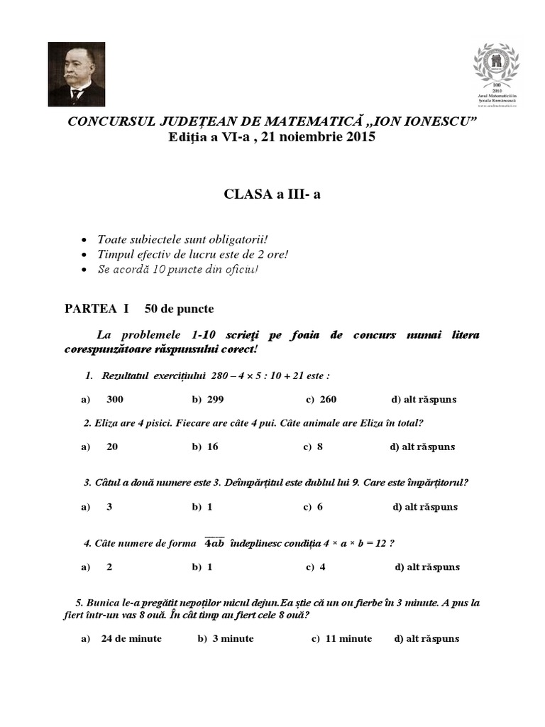 2016 - Matematica - Concursul 'Ion Ionescu' Clasa A III-a - Subiecte ...