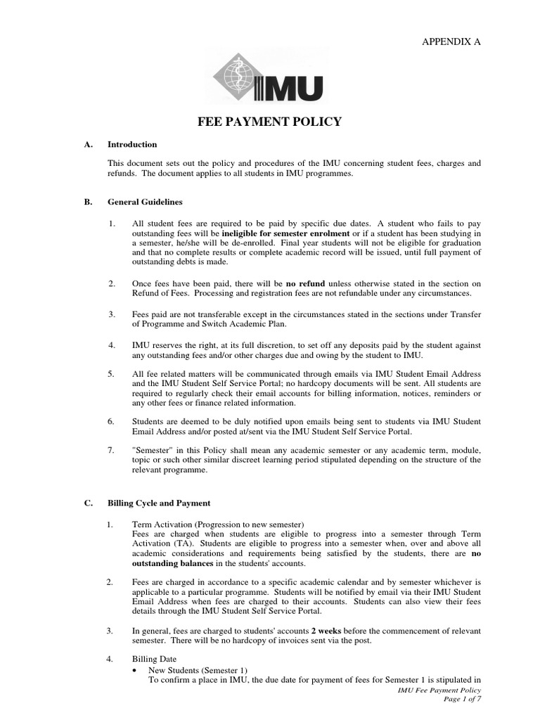 Fee Payment Policy: Appendix A | PDF | Fee | Academic Term
