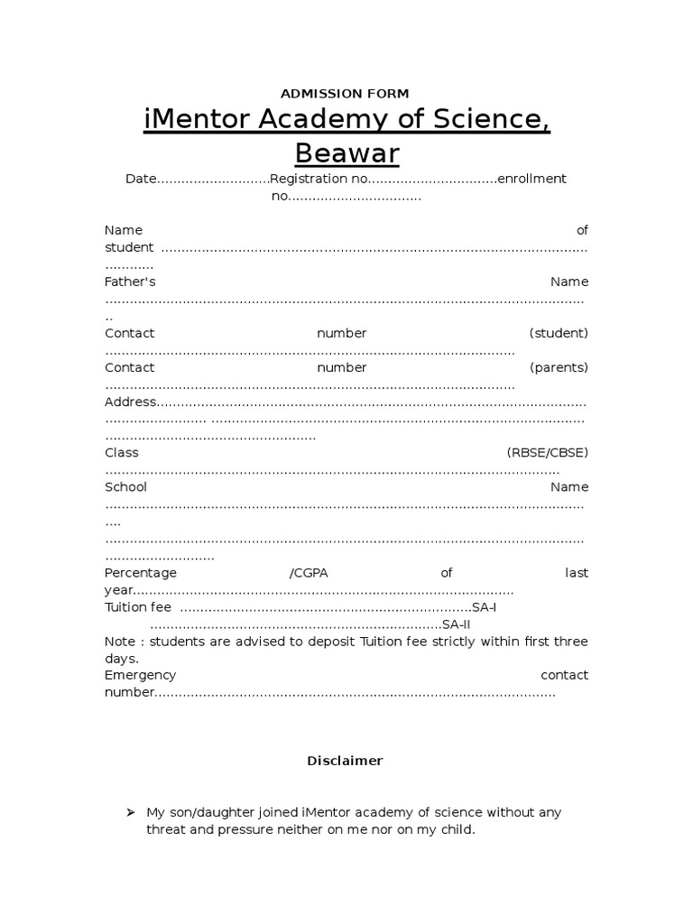 Imentor Academy of Science, Beawar Admission Form PDF Behavior
