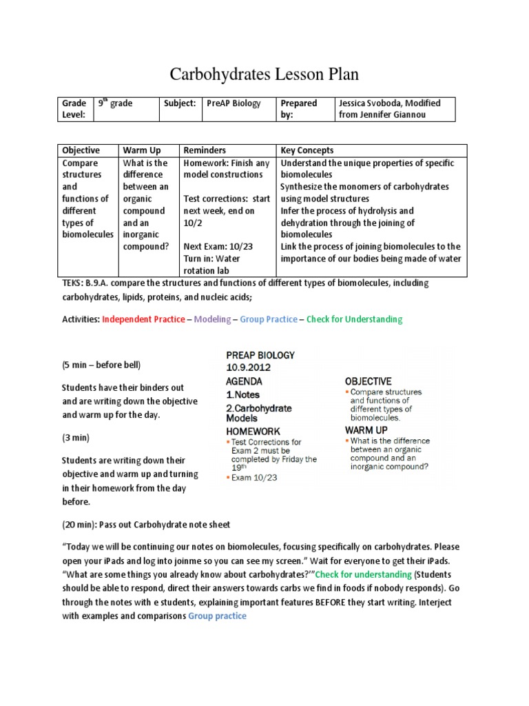 Carbohydrate Lesson Plan 1i8wyxz PDF Biomolecules Fructose