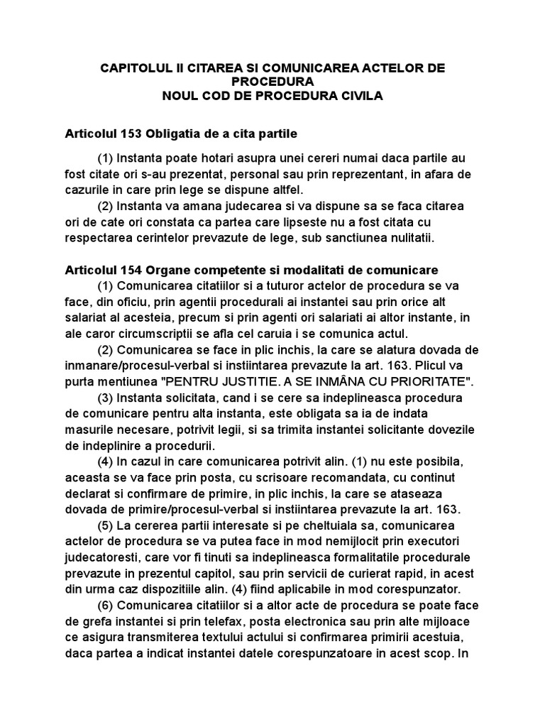 Capitolul Ii Citarea Si Comunicarea Actelor De Procedura