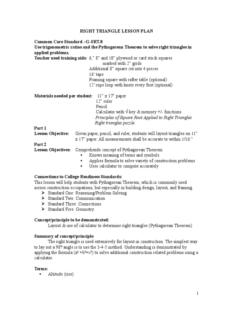 Right Triangle Lesson Plan Triangle Trigonometry