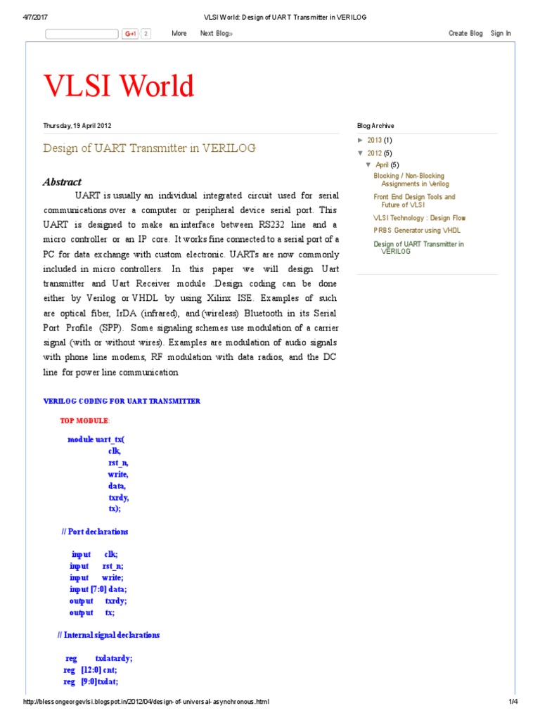 VLSI World Design of UART Transmitter in VERILOG PDF Transmitter