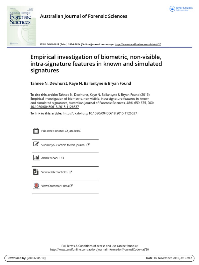 Biometric Non Visible Intra Signature Features in Known and Simulated