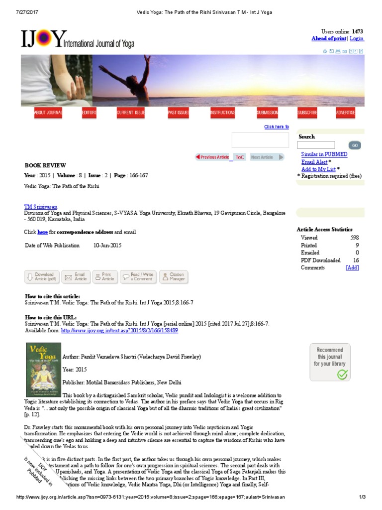 Vedic Yoga - The Path of The Rishi Srinivasan T M - Int J Yoga | PDF ...