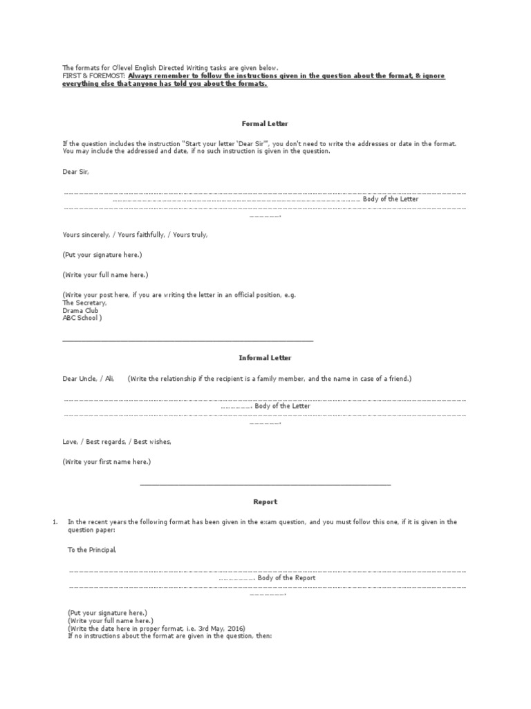 O Level English Writing Formats Guide | PDF | Foreign Language Studies