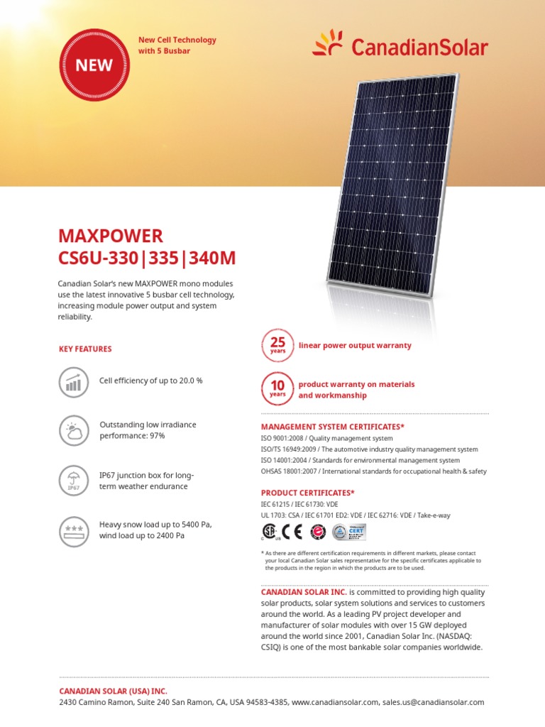 Canadian Solar Datasheet MaxPower CS6U M V5.51na | PDF | Manufactured ...