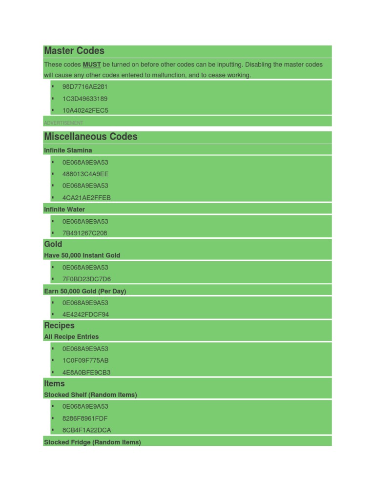 Stardew Valley Cheat Codes Master Codes and Miscellaneous Codes for In