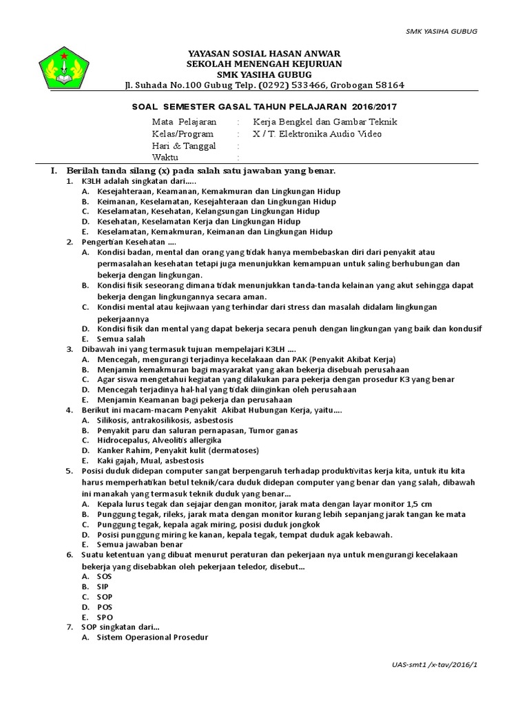 Soal Uas Kelas X Smt2 Tav Kerja Bengkel 2016