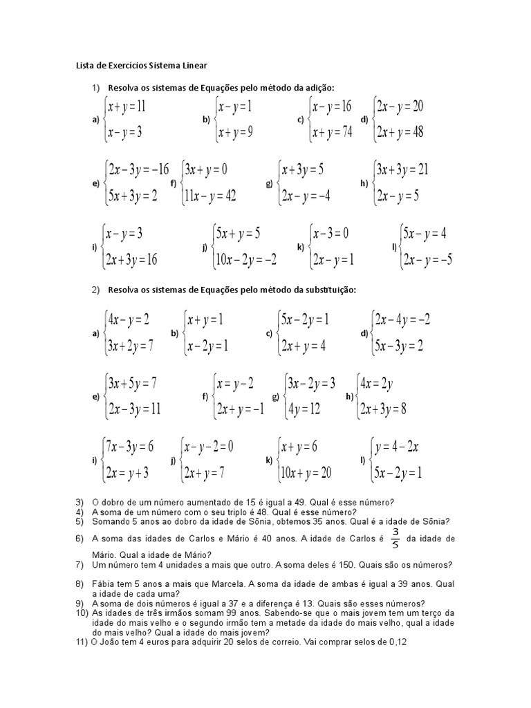 Unidade 2 Sistema Linear Lista de Exercicios | PDF