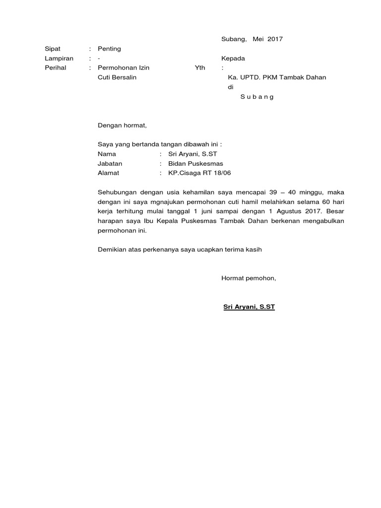 Contoh Surat Izin Cuti Hamil Simak Gambar Berikut