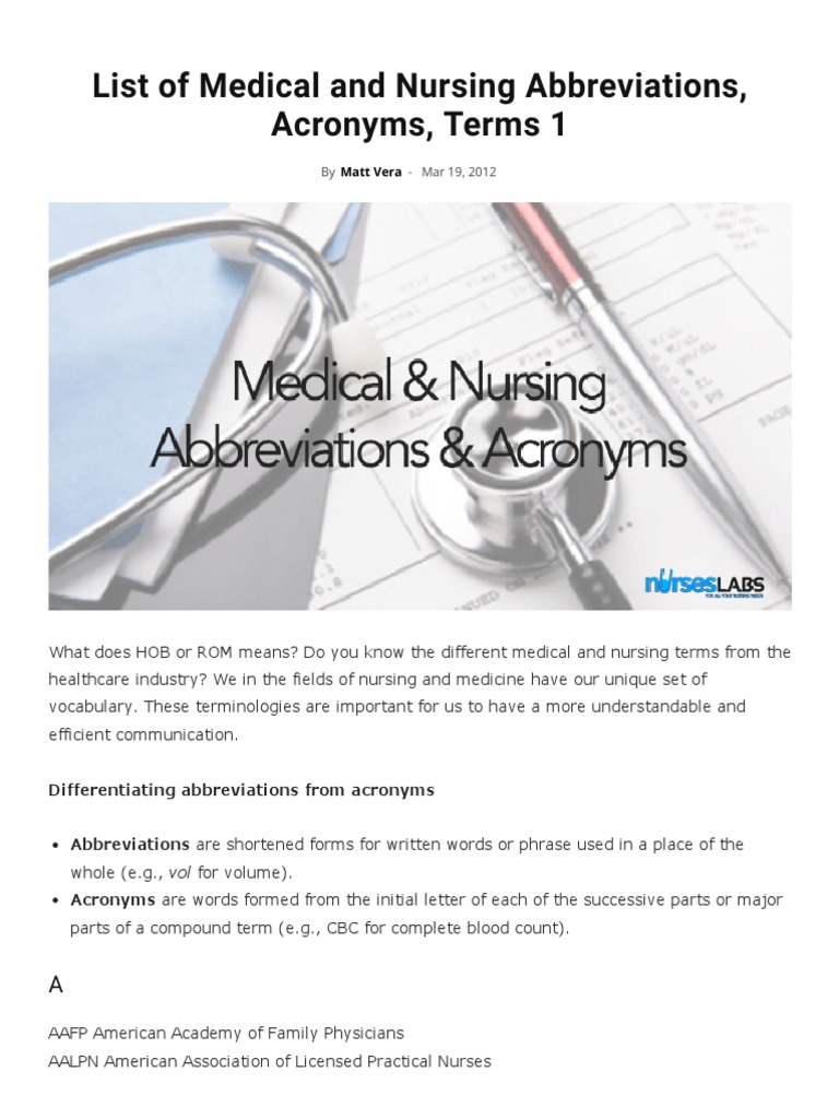 List of Medical and Nursing Abbreviations, Acronyms, Terms 1 