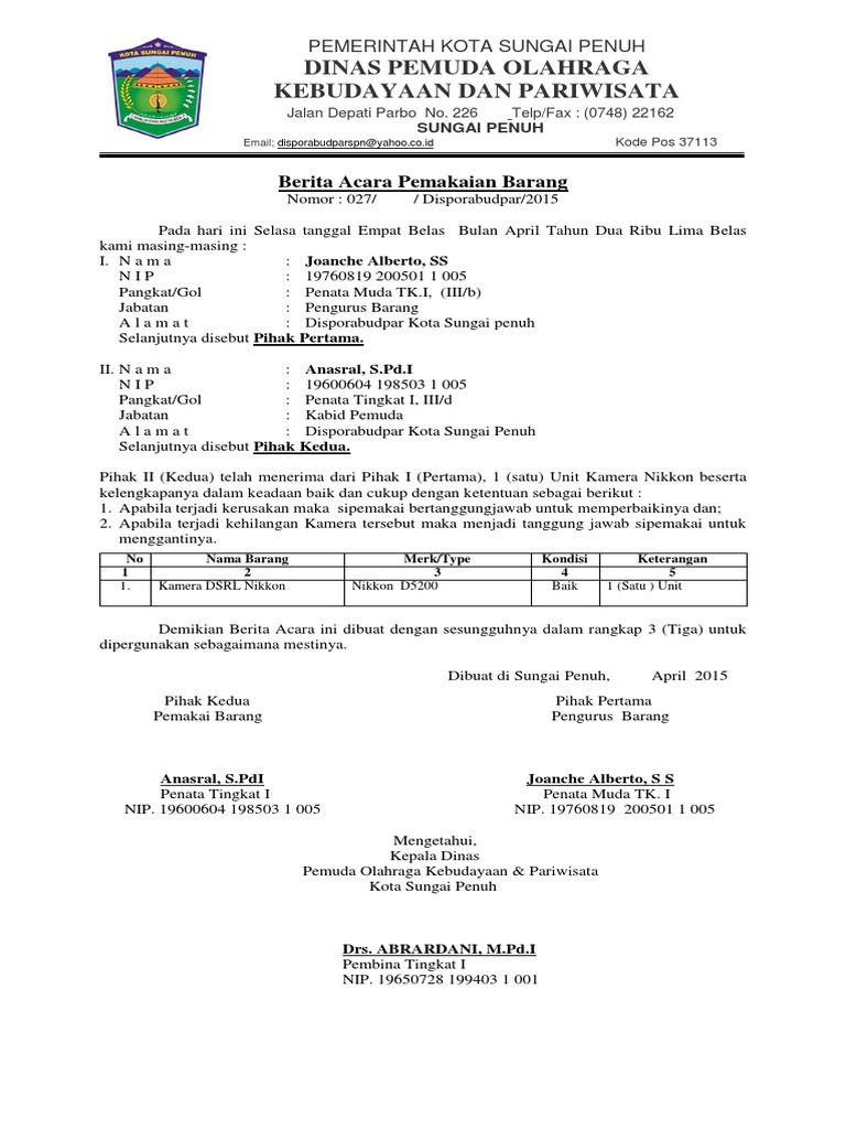 Berita Acara Pemakai Barang