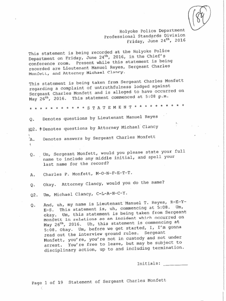 Transcript of Holyoke Police Sgt. Charles Monfett's Internal-Affairs ...