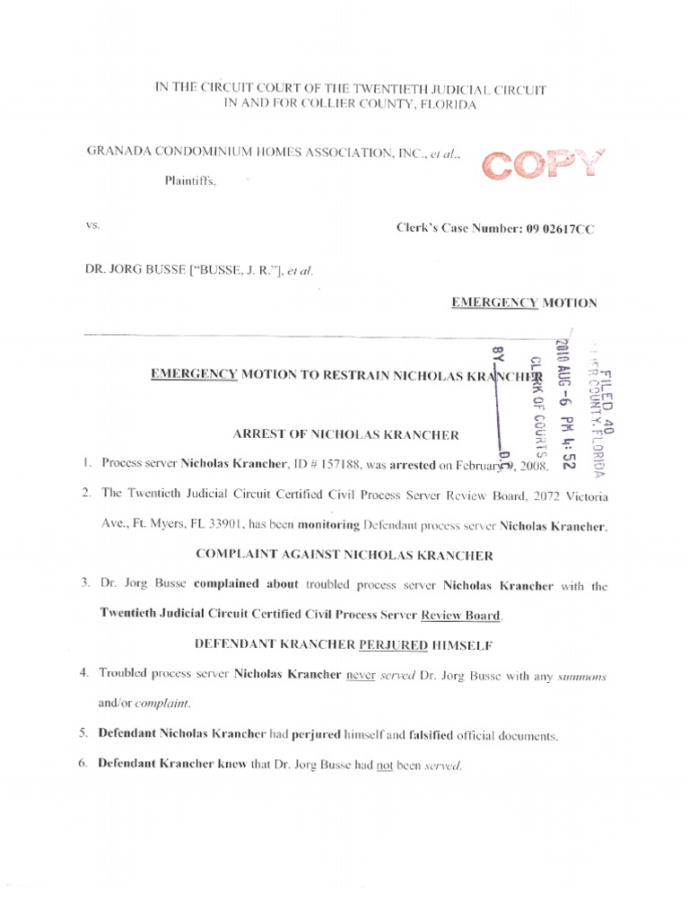 Emergency Motion To Restrain Nicholas Krancher | PDF | Service Of ...