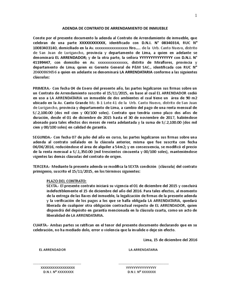 Modelo Adendum Contrato De Arrendamiento MIDE