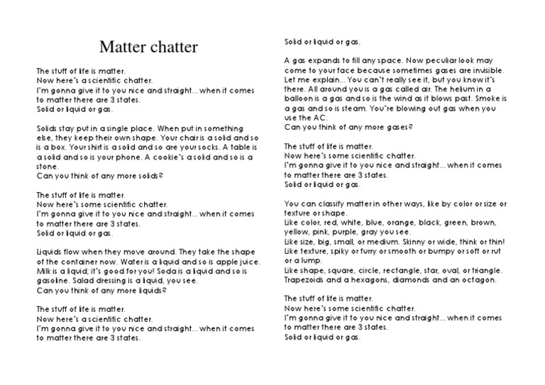 Matter Chatter Song Lyrics PDF Gases Phases Of Matter