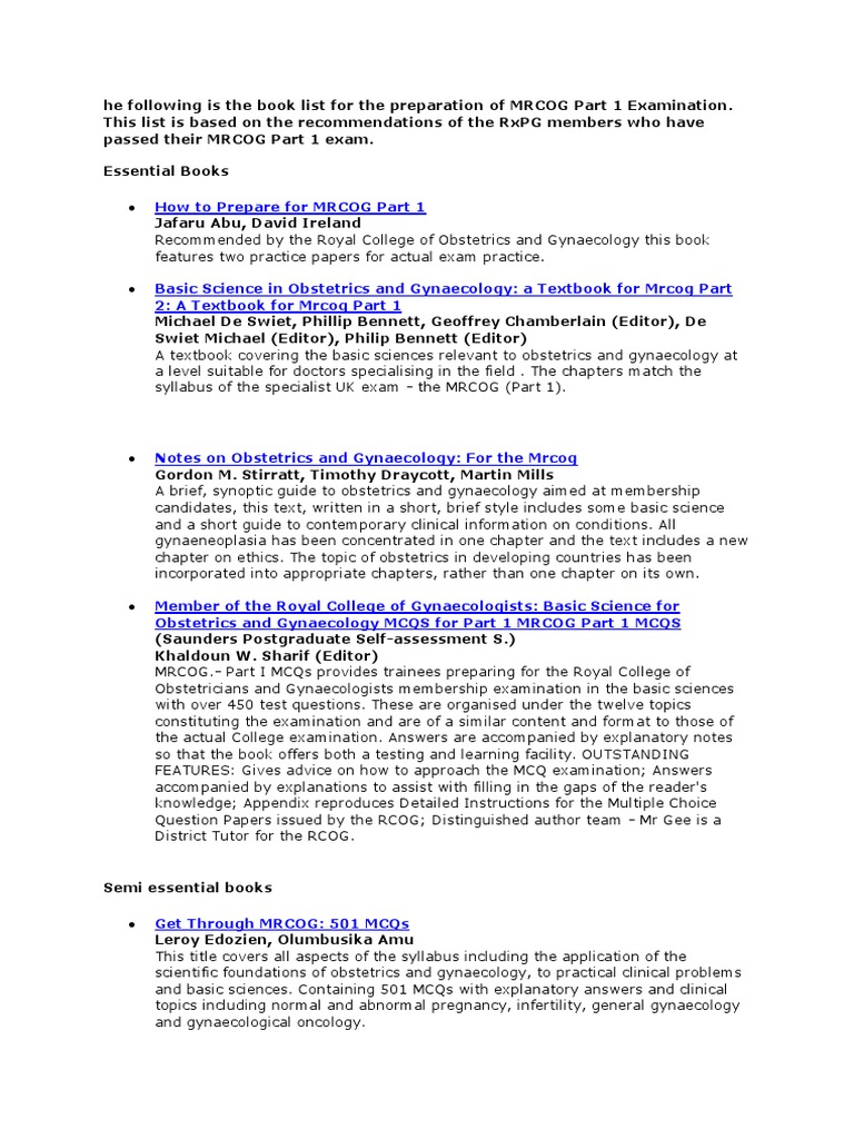 Books For Mrcog Part1 Download Free Pdf Gynaecology Multiple Choice