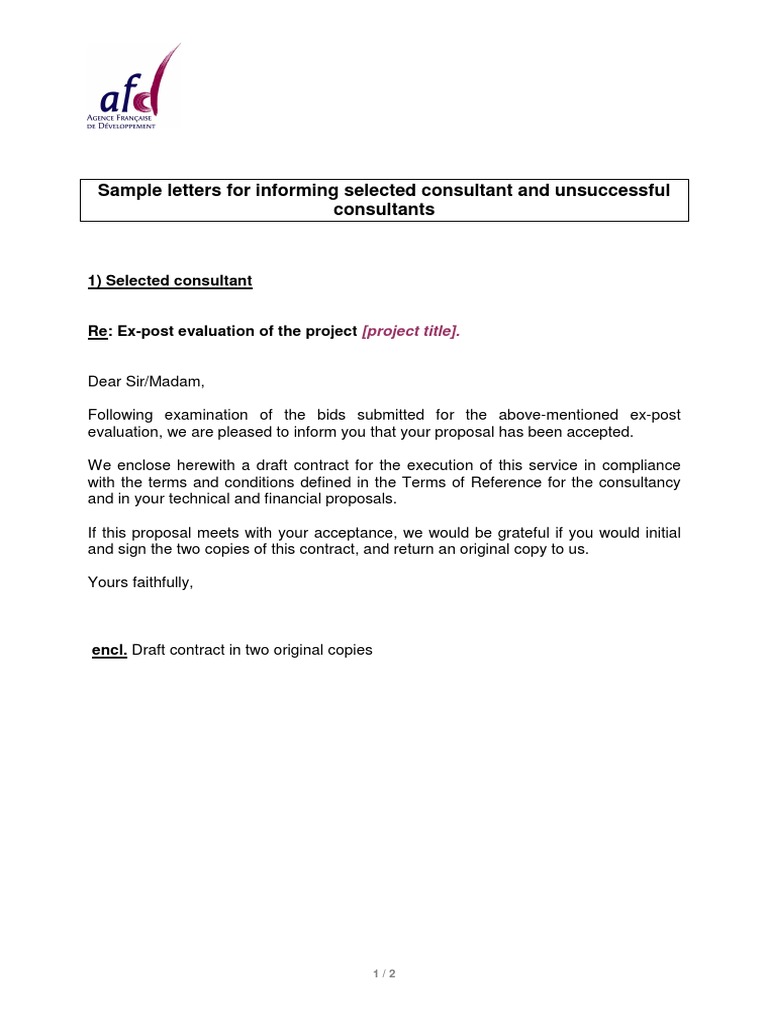 Sample Letters For Informing Selected Consultant and Unsuccessful ...