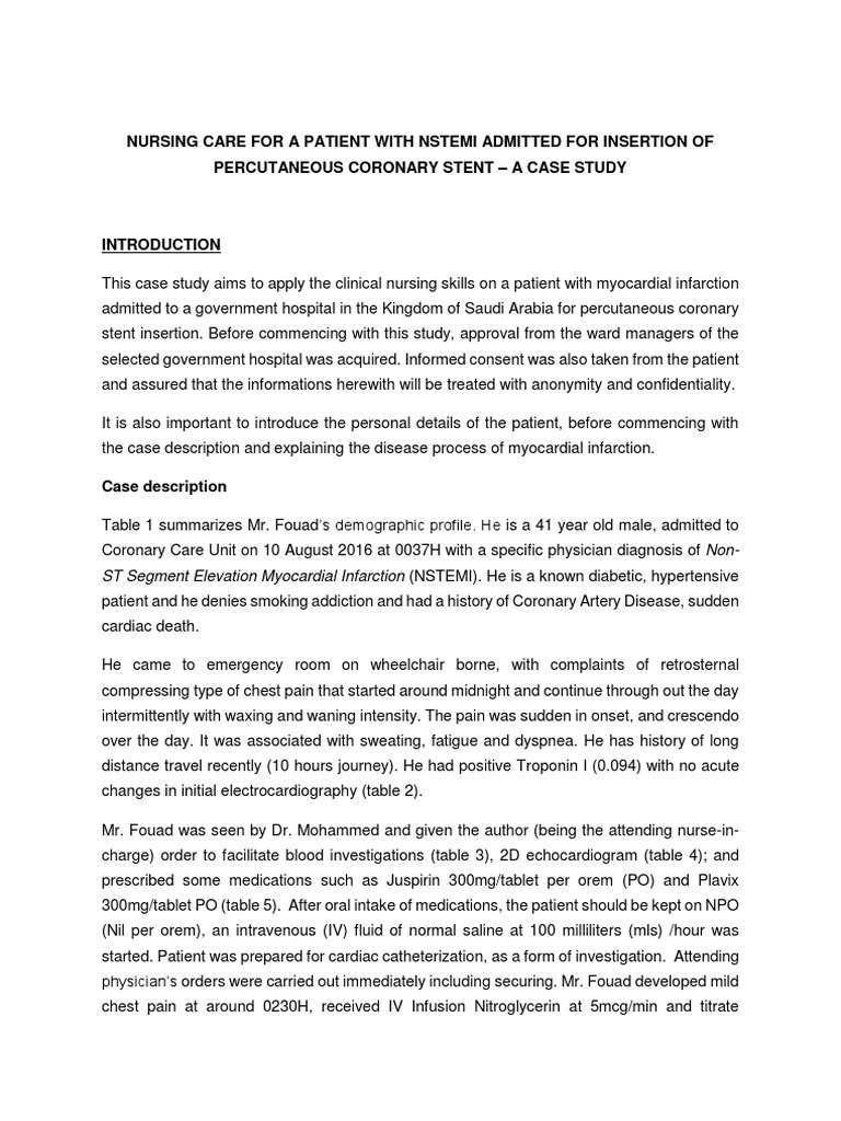 Case Study Nstemi Myocardial Infarction Coronary Artery Disease