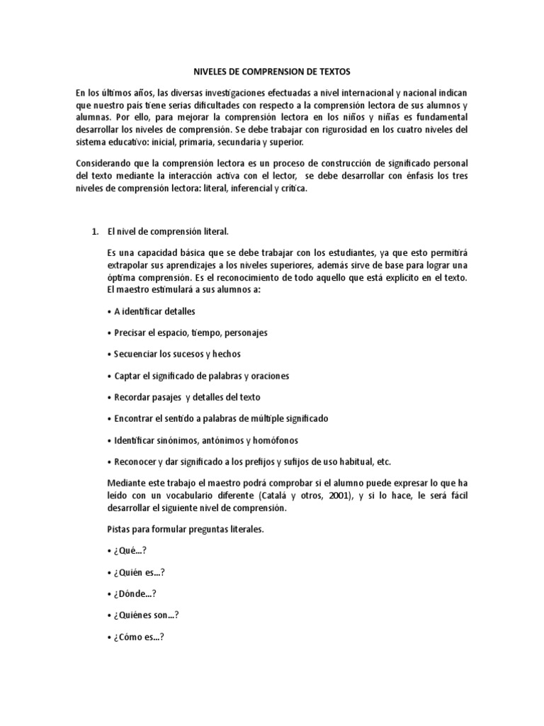 Niveles de Comprension de Textos | PDF | Comprensión lectora | Comprensión