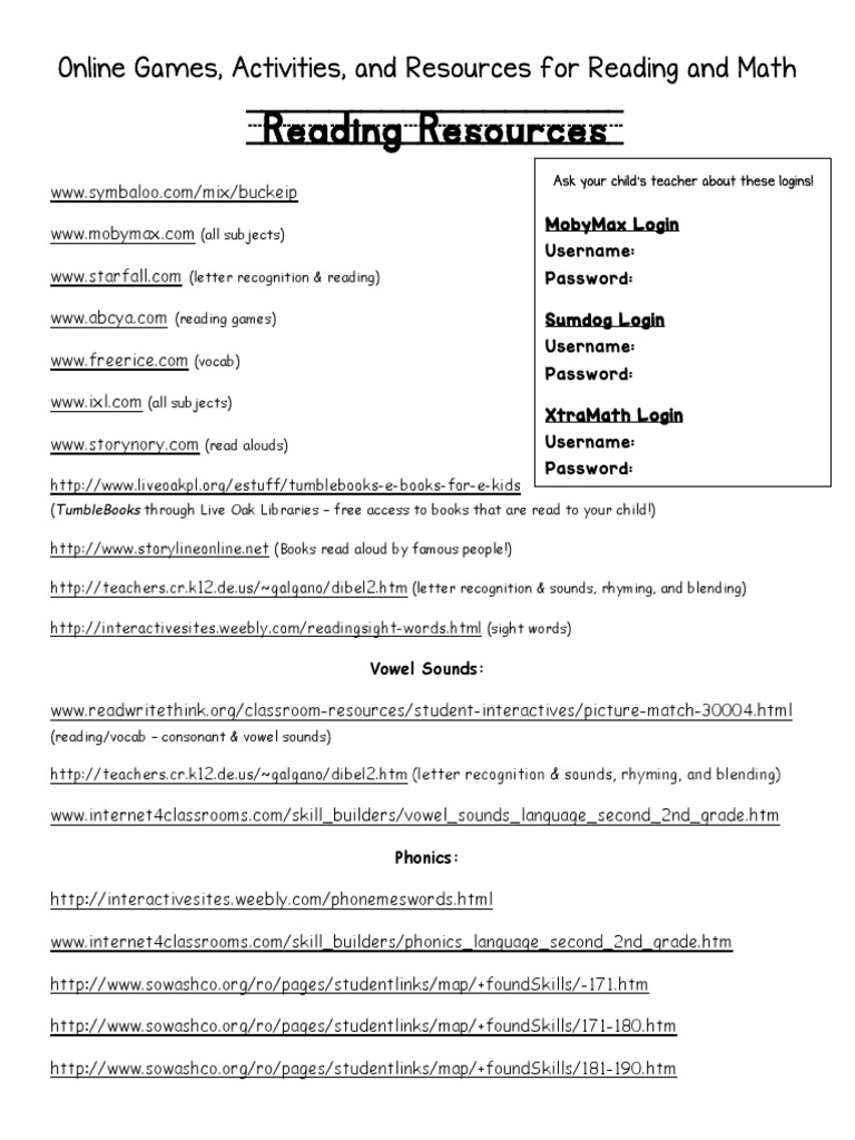 Reading and Math Online Resources 201718 PDF Phonics Reading
