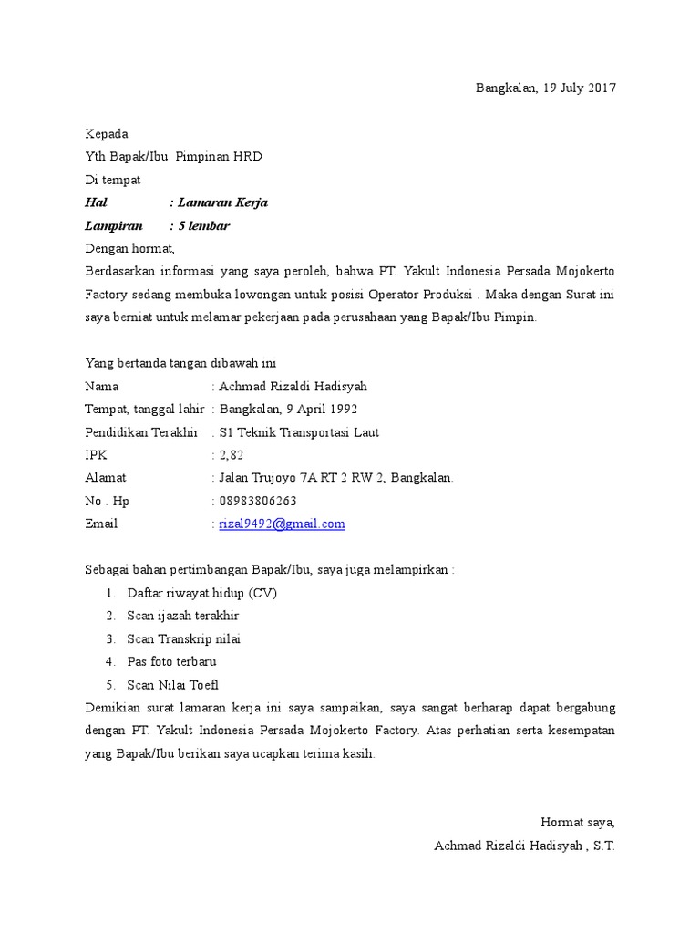 Download 68+ Contoh Surat Surat Lamaran Kerja Operator Produksi Gratis Terbaru