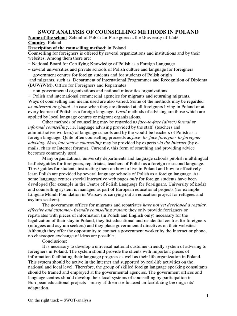 SWOT Analysis of Polish Counselling Methods | PDF | Poland | Refugee