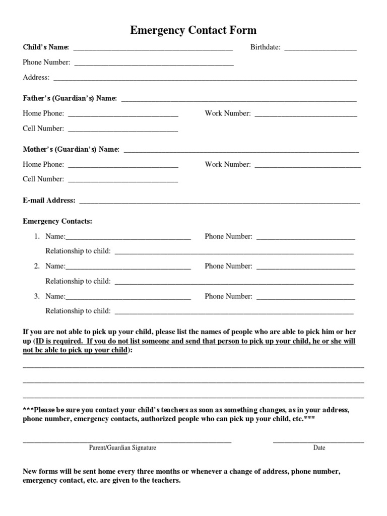 Child Emergency Contact Form | PDF | Telecommunications | Cyberspace