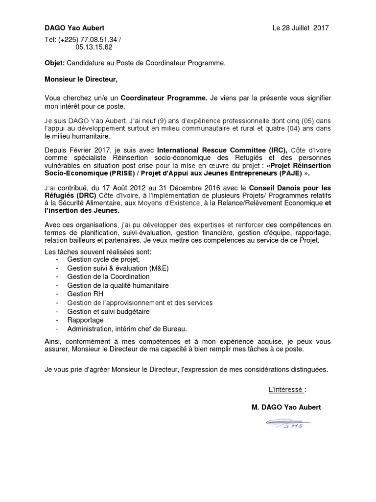 Lettre De Motivation Mali Pdf Pdf