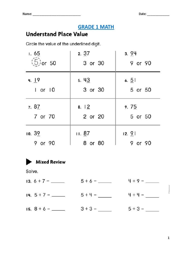 GRADE 1 MATH - PlaceValueAndAddition | PDF