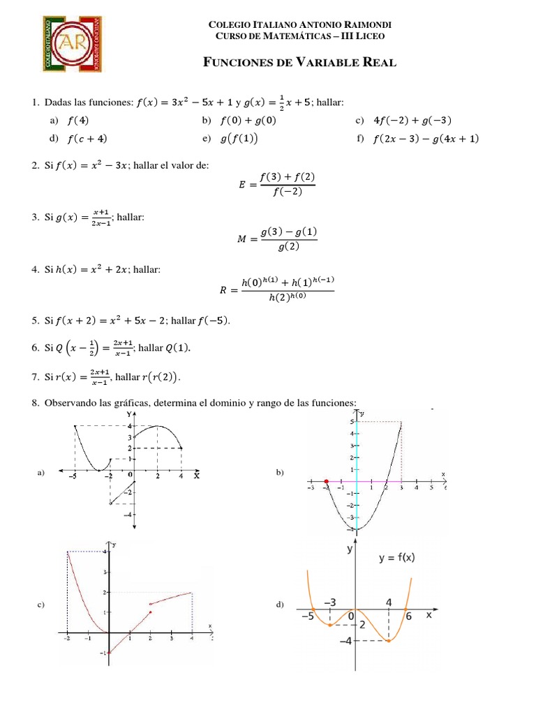 Taller Funciones de Variable Real 2017 | PDF | Enseñanza de matemática