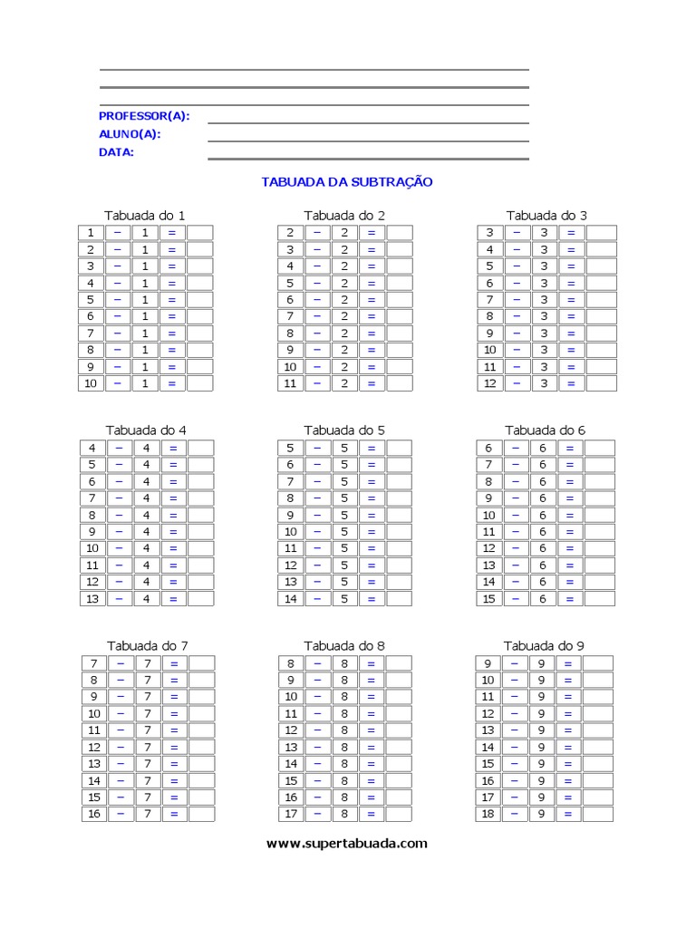 TABUADA PARA COMPLETAR DA SUBTRAÇÃO PDF - FORMATO A4