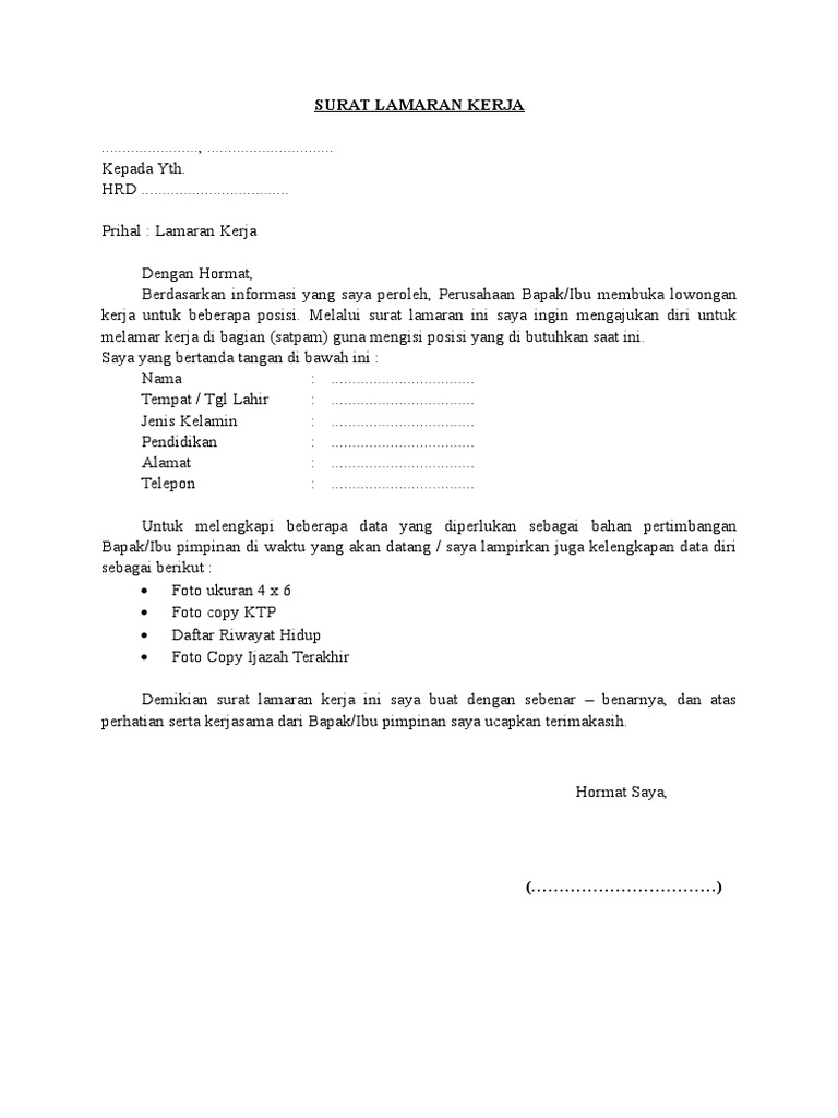 Contoh Surat Lamaran Kerja