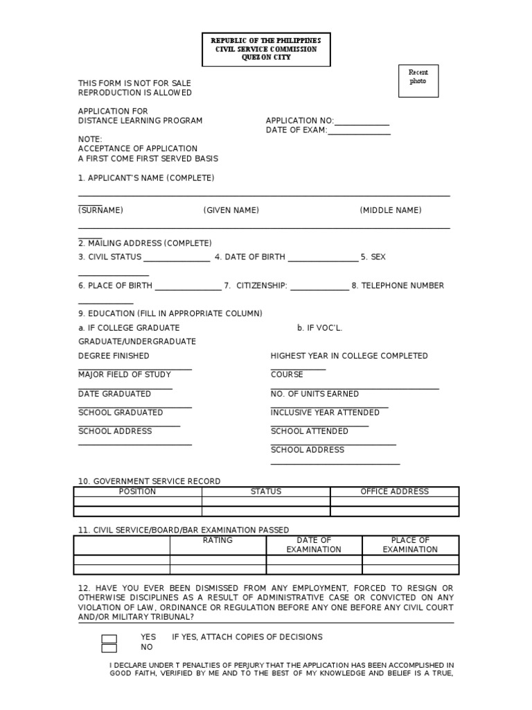 Distance Learning Program Application Form CSC Philippines PDF Test