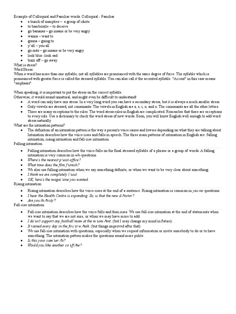 Example Of Colloquial And Familiar Words Stress Linguistics