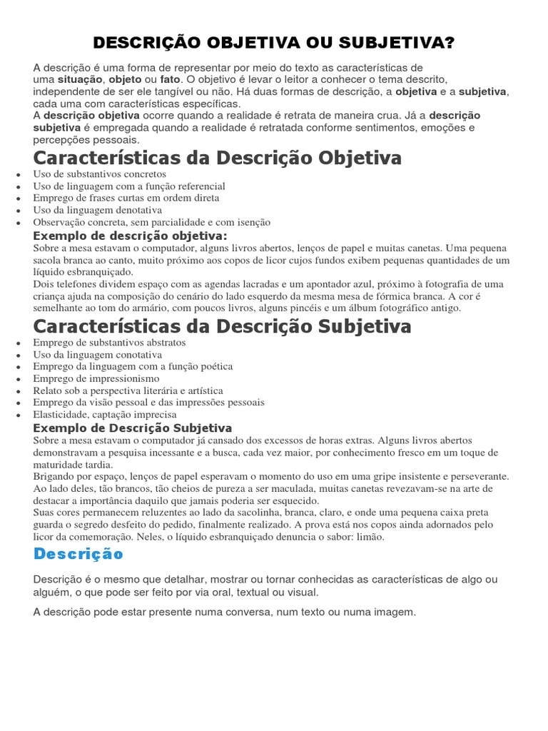 Descrição Objetiva Ou Subjetiva | Cidade | Conhecimento
