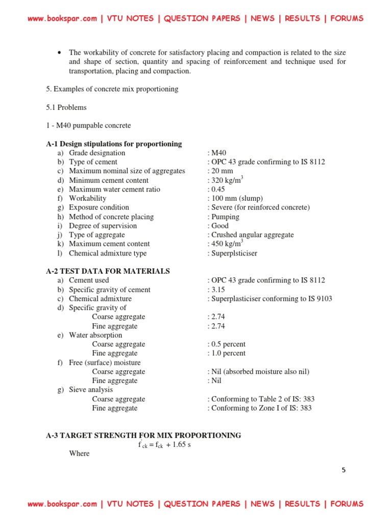 Proportioning Concrete Mix Design for M40 Grade Concrete to be Used in