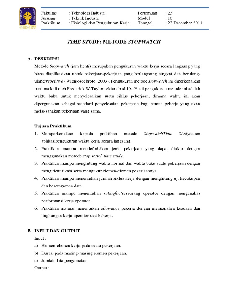 Time Study Metode Stopwatch PDF | PDF