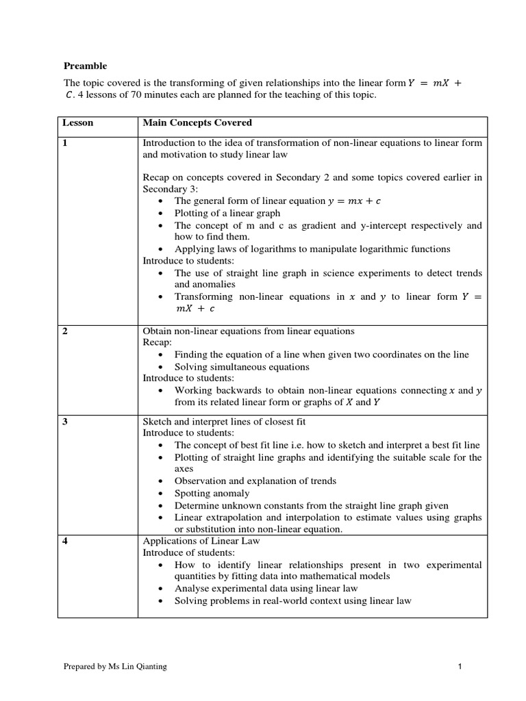 Linear Law - Math Lesson Plan | PDF | Line (Geometry) | Linear Regression