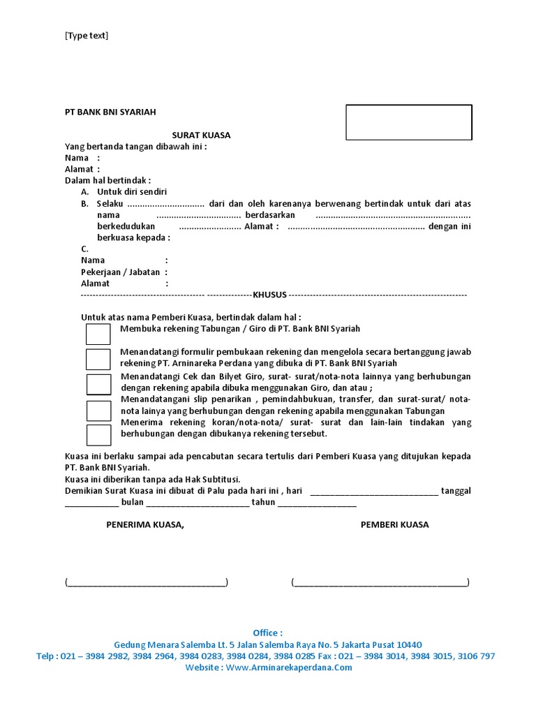 Surat Kuasa Kerjasama Dgn Bank Bni Docx