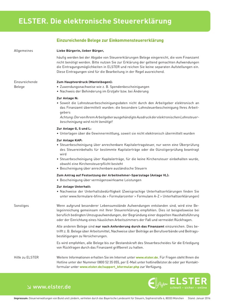 Merkblatt ELSTER Einzureichende Belege pdf Merkblatt ELSTER Einzureichende Belege pdf