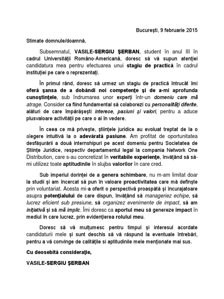 Scrisoare de Intenţie Sergiu ŞERBAN PDF | PDF