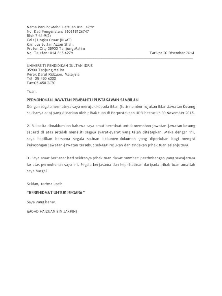 Contoh Surat Permohonan Kerja Jawatan Pustakawan