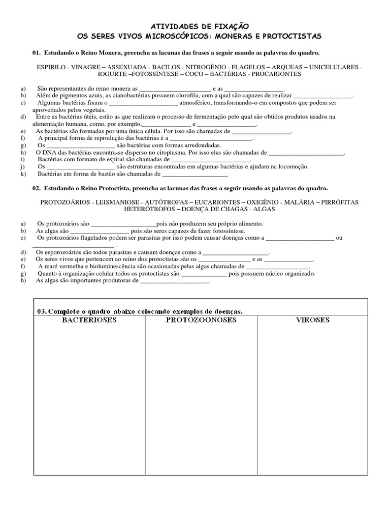 Atividades sobre Seres Vivos Microscópicos | PDF | Algas | Bactérias