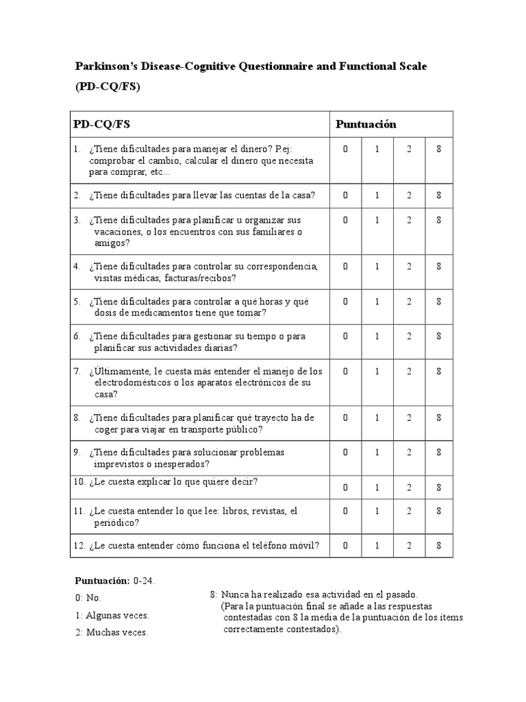 Parkinson S DiseaseCognitive Questionnaire and Functional Scale