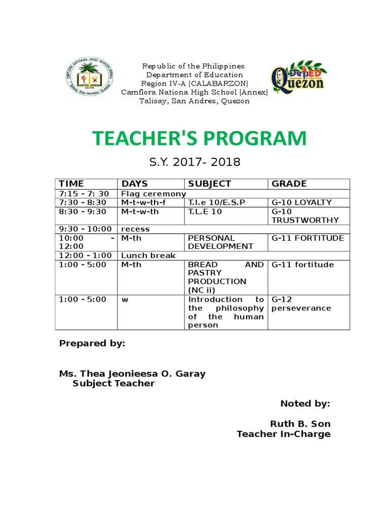 Teacher'S Program: Time Days Subject Grade | PDF
