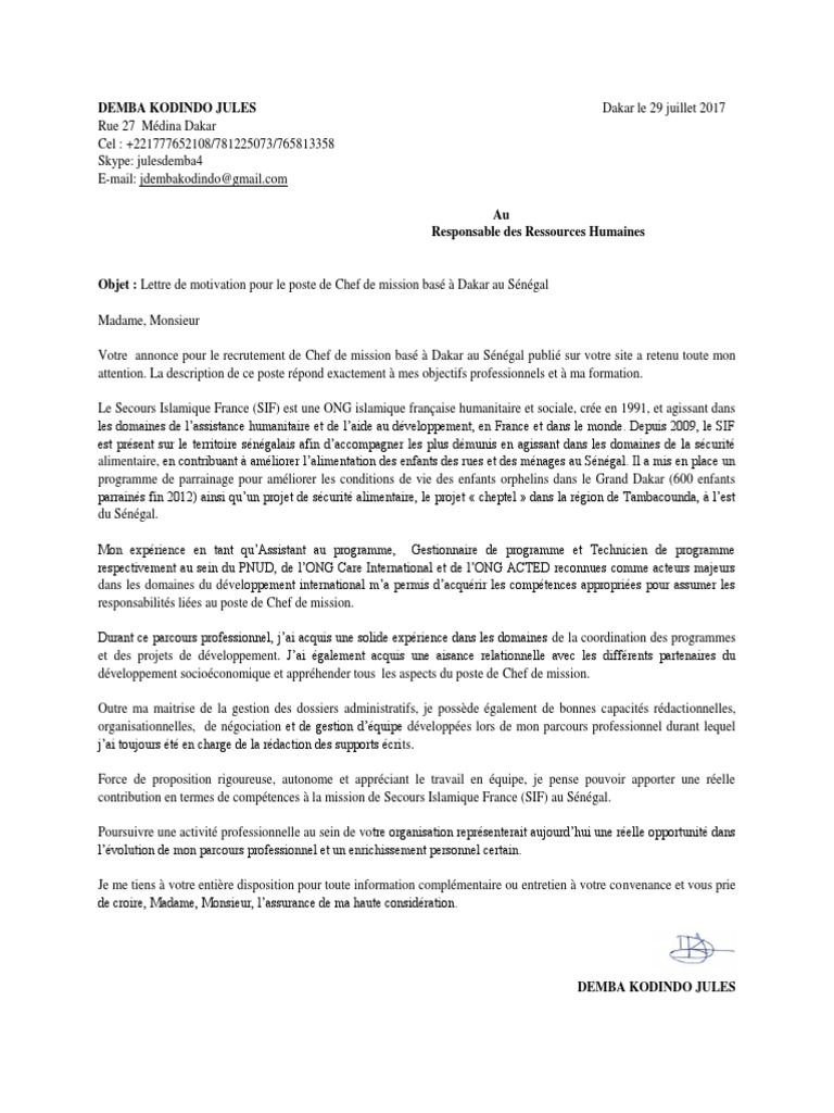 Lettre de Motivation  Organisation non gouvernementale  Sénégal